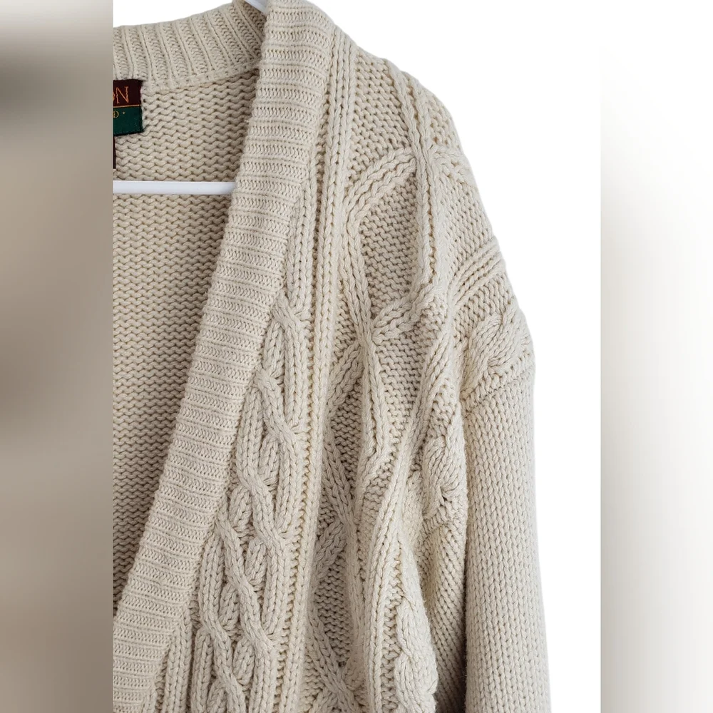 Oakton Limited 90s Chunky Cable Knit Cable Cardigan Sweater Beige Sz M Grandpa